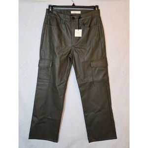 Tgla Women's Rayon Size Large Dark Green‎ Pants Shiny Pockets Faux Leather
